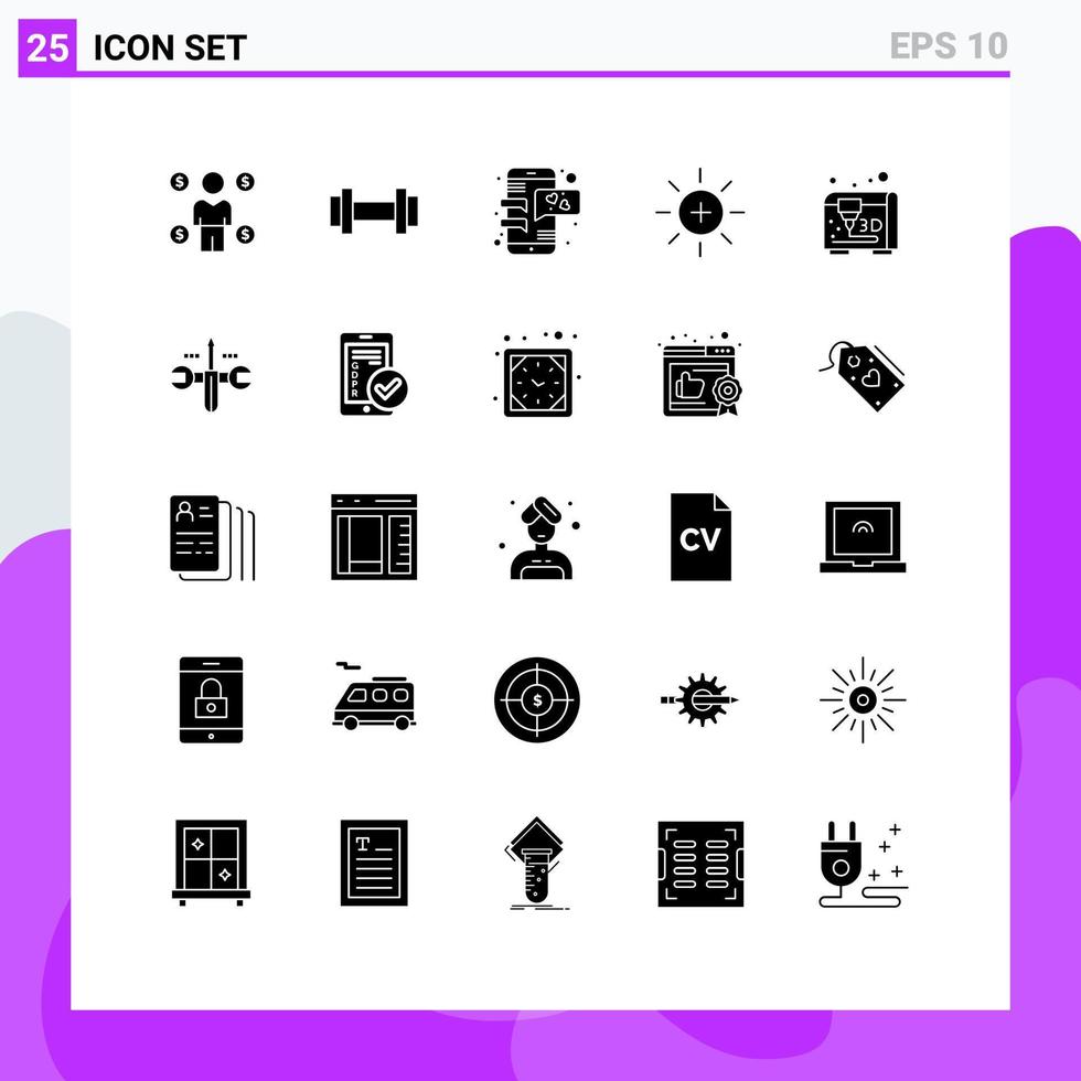 universelle Symbolsymbole Gruppe von 25 modernen soliden Glyphen zum Drucken von Benutzer-Chat-UI-Helligkeit editierbare Vektordesign-Elemente vektor