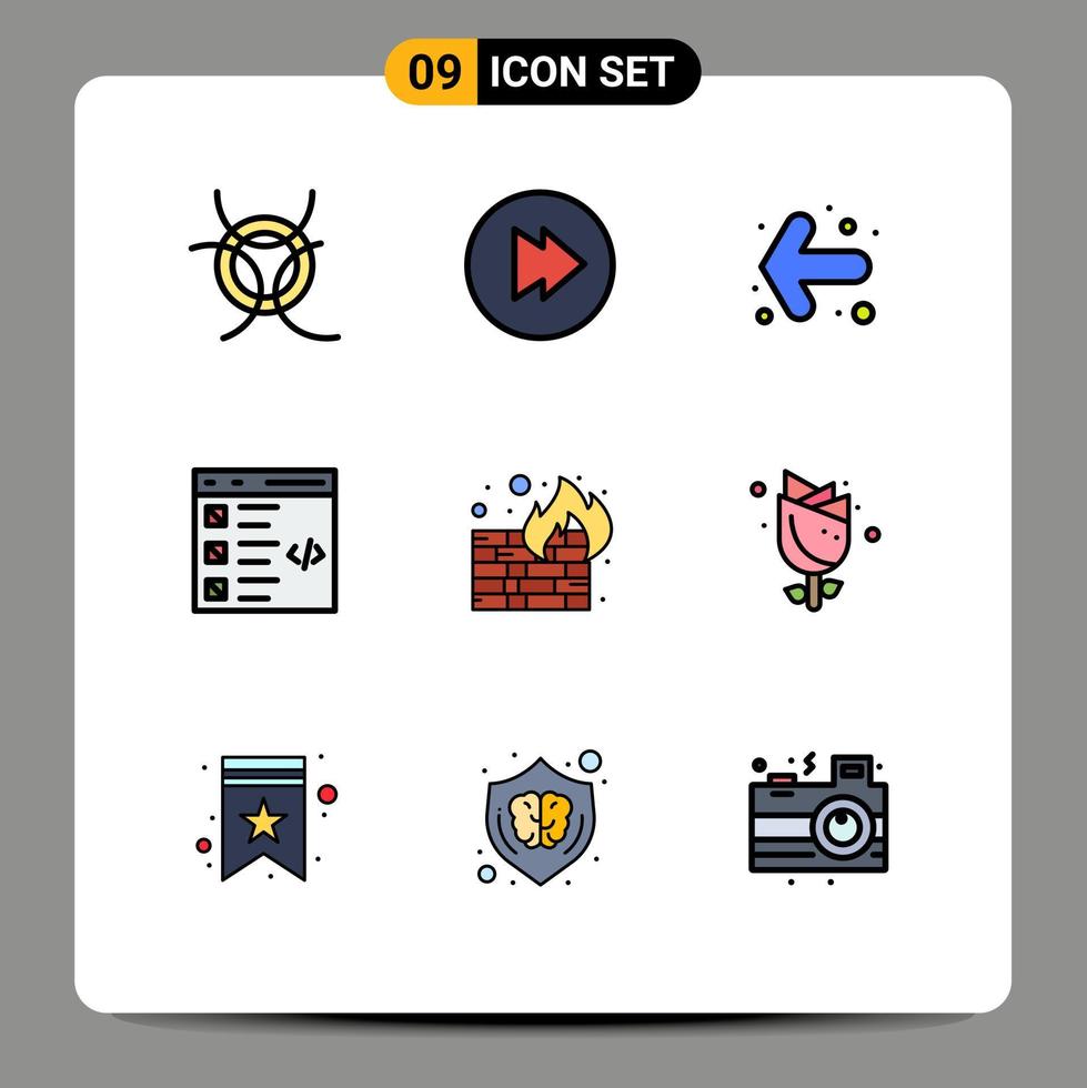 Gruppe von 9 modernen Filledline-Flachfarben, die für editierbare Vektordesign-Elemente der Firewall-Liste der Blumensicherheitsprüfung festgelegt werden vektor