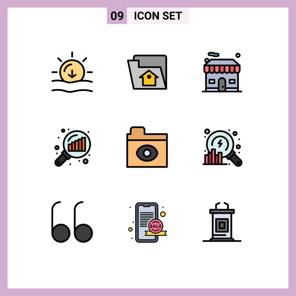 modern uppsättning av 9 fylld linje platt färger pictograph av öga Sök statistik byggnad Graf förstorande data analyserar redigerbar vektor design element