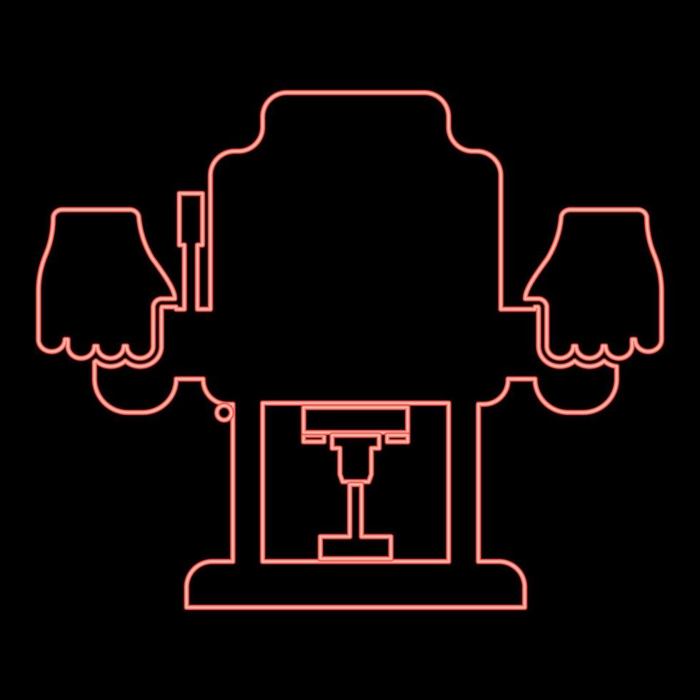 Neon-Router mit fester Basis, elektrisches Holz-Tauchfräser-Elektrowerkzeug in der Hand, das Elektrowerkzeug hält, verwenden Sie den Arm mit dem flachen Stil des roten Farbvektor-Illustrationsbildes des Instruments vektor