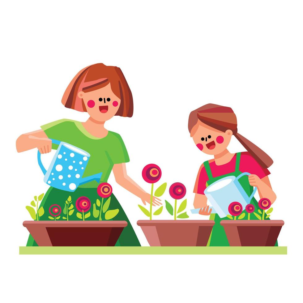 Zimmerpflanzenpflege Frau und Mädchen zusammen Vektor