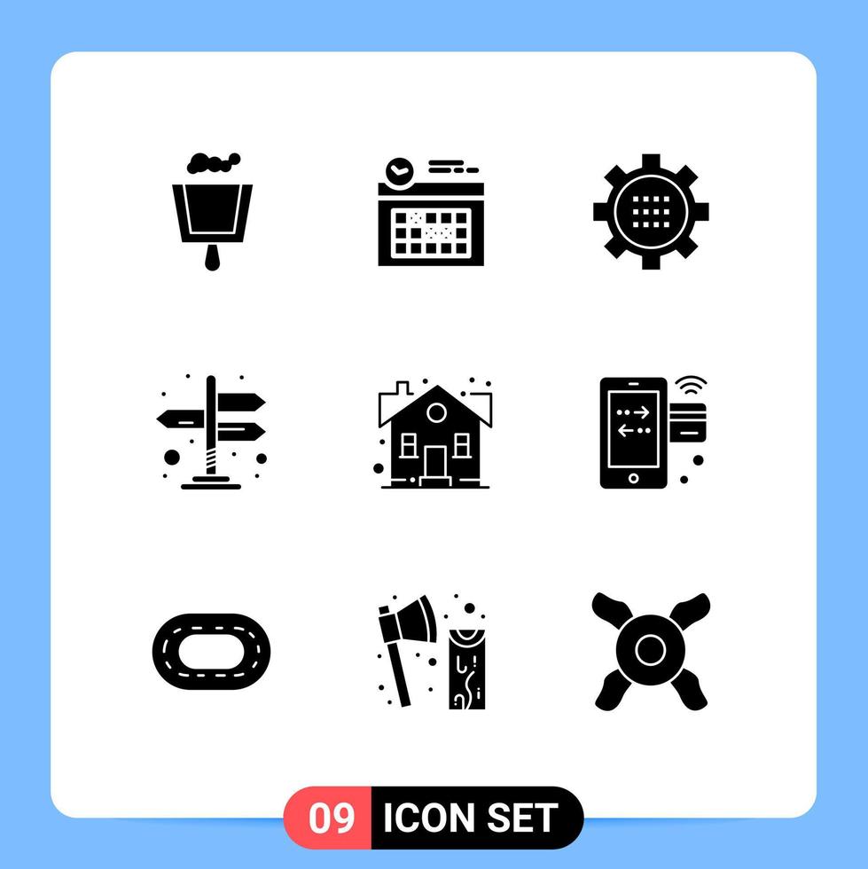 uppsättning av 9 vektor fast glyfer på rutnät för hus byggnad konfiguration pilar vägbeskrivning redigerbar vektor design element