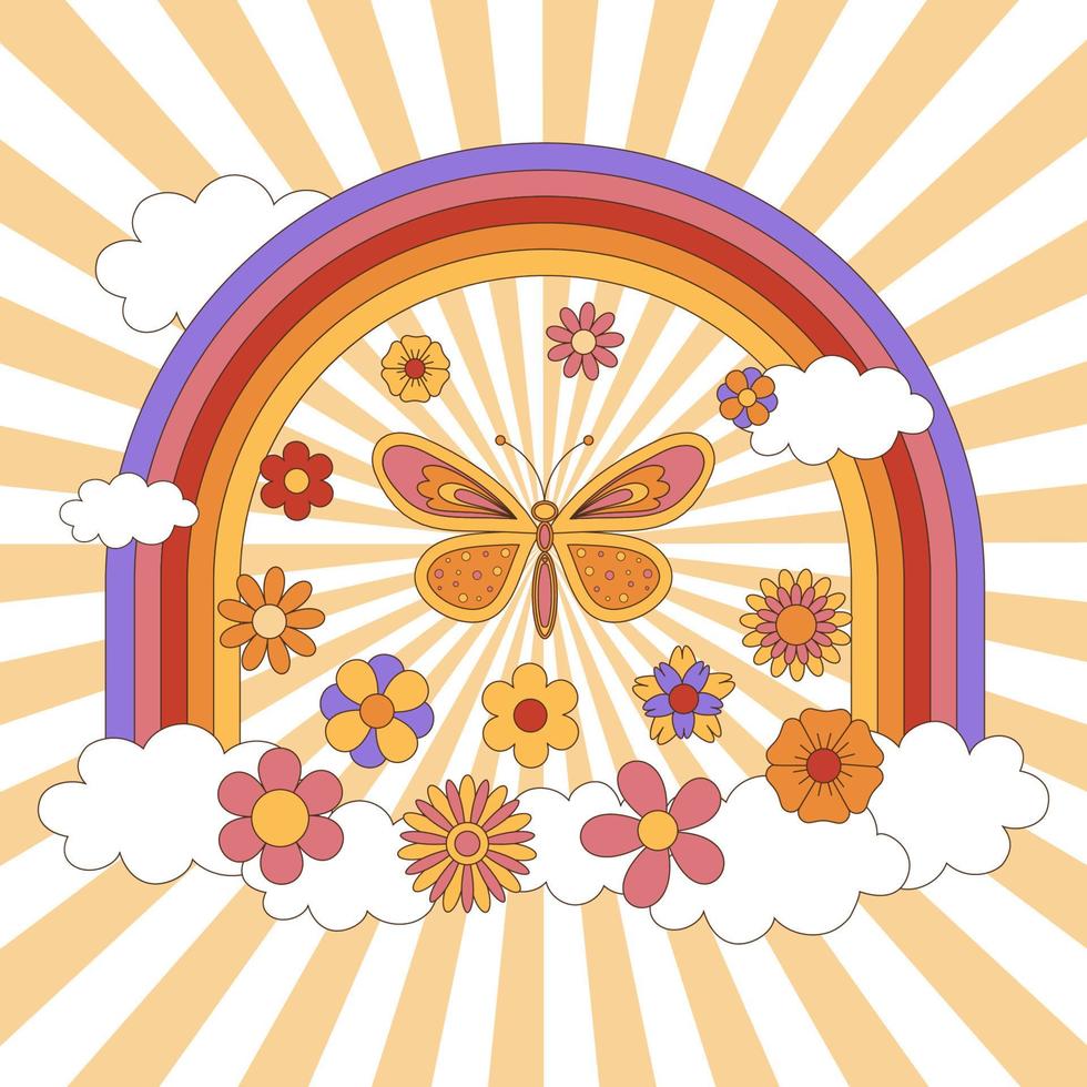 grooviges Hippie-Poster der 70er Jahre. lustiger Cartoon-Schmetterlingsregenbogen, Gänseblümchen usw. Vektor-Grußkarte in einem trendigen retro-psychedelischen Cartoon-Stil. Vektor-Hintergrund. bleib groovig. vektor
