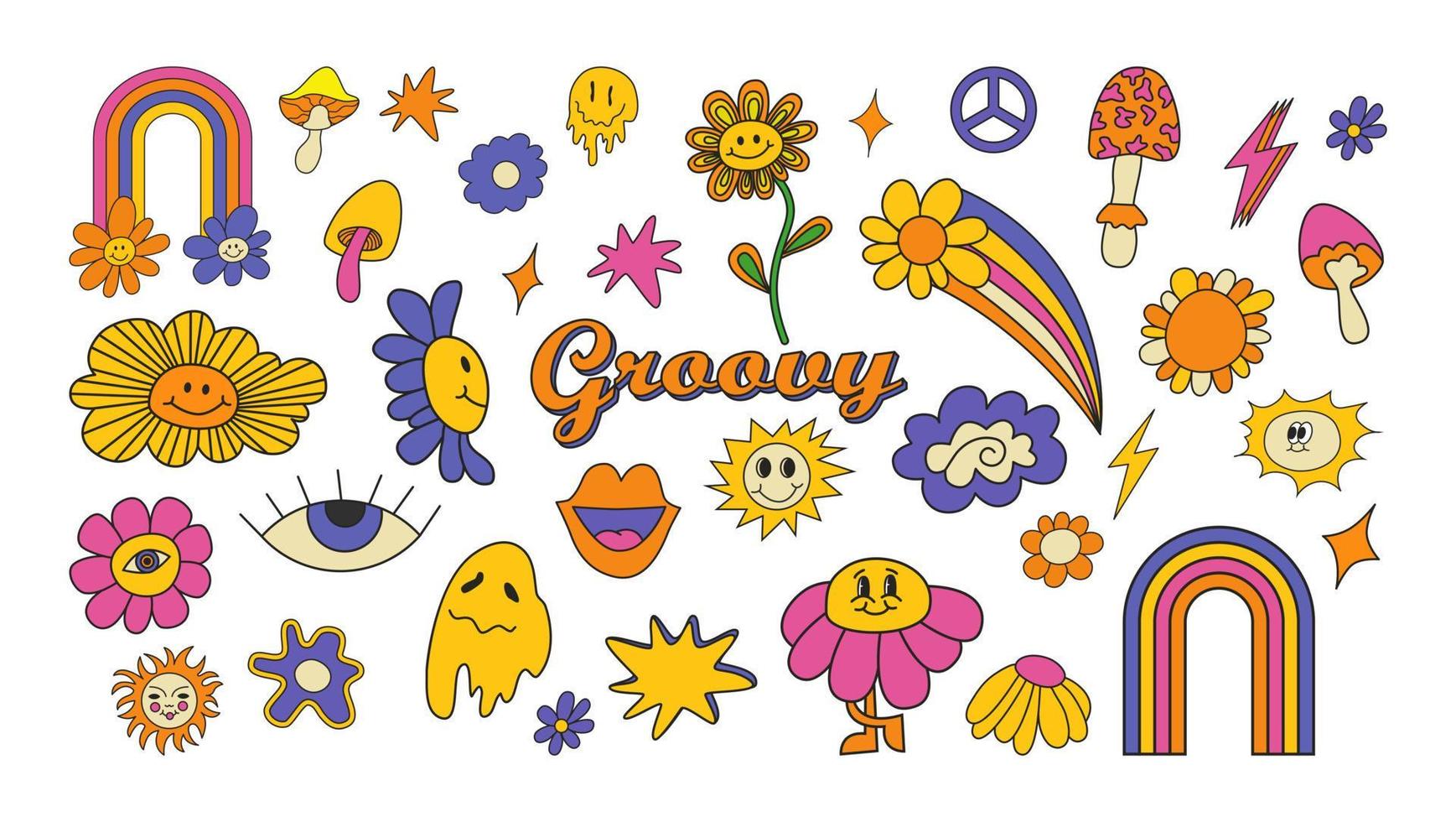 Reihe von Hipster-Retro-70er-60er-groovigen psychedelischen Elementen. karikaturgänseblümchenblumen, regenbogen, pilze, friedenszeichen, herz, hippie-aufkleber-vektorset. positive symbole oder abzeichen isoliert auf weiß vektor