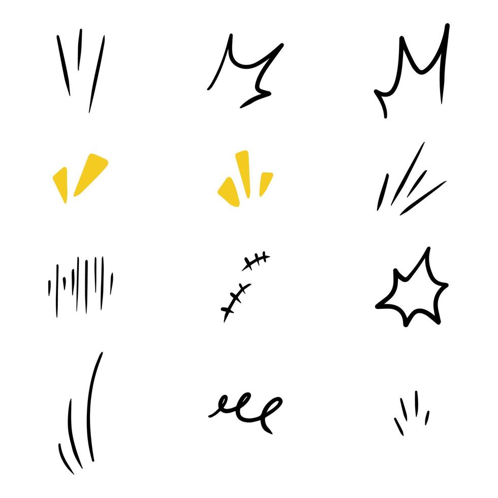 vektor uppsättning av ritad för hand söt tecknad uttryck tecken klotter linje strokeemoticon effekter design element, tecknad serie karaktär känsla symboler,