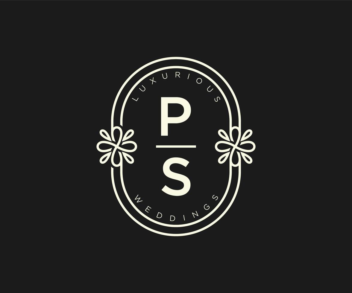 ps initialen brief hochzeitsmonogramm logos vorlage, handgezeichnete moderne minimalistische und florale vorlagen für einladungskarten, datum speichern, elegante identität. vektor