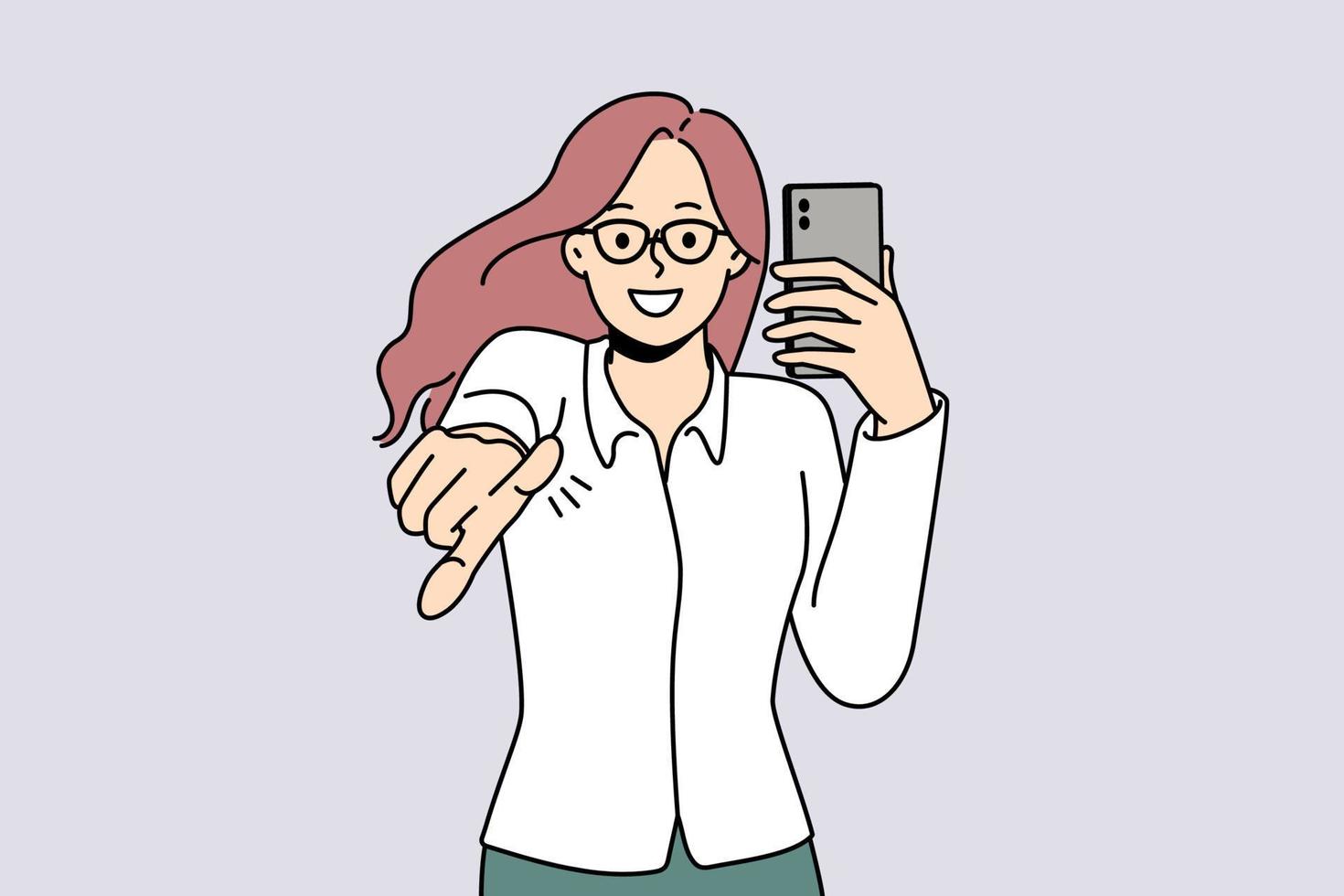 lächelnde junge frau hält handypunkt auf bildschirm. glückliches Mädchen mit Smartphone in der Hand zeigt mit dem Finger an der Kamera eine Wahl. Vektor-Illustration. vektor