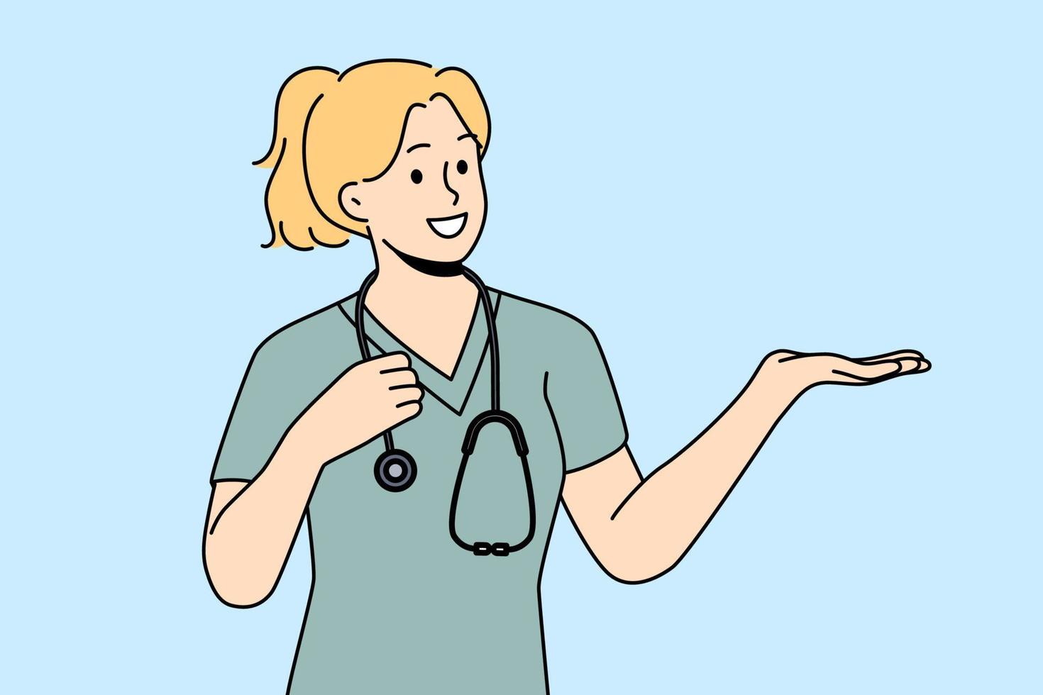 Lächelnde Krankenschwester in medizinischer Uniform zeigt gutes Geschäft oder Angebot. glückliche ärztin oder gp empfehlen verkauf oder aktion. Medizin und Gesundheitswesen. Vektor-Illustration. vektor