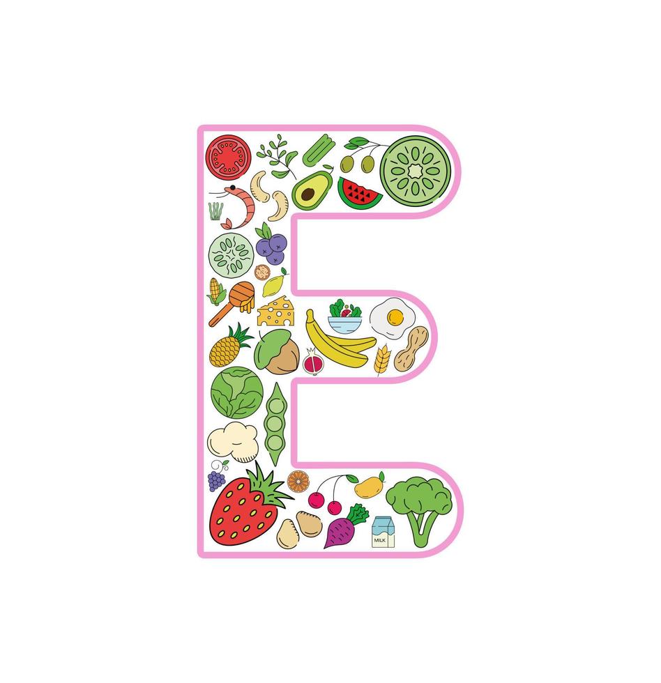 Essens- und Getränkecollage-Icon-Set aus Buchstabe e. Vektorsatz essentieller Allergene und Symbole für Diätlinien. editierbares essen-symbol-set. vektor