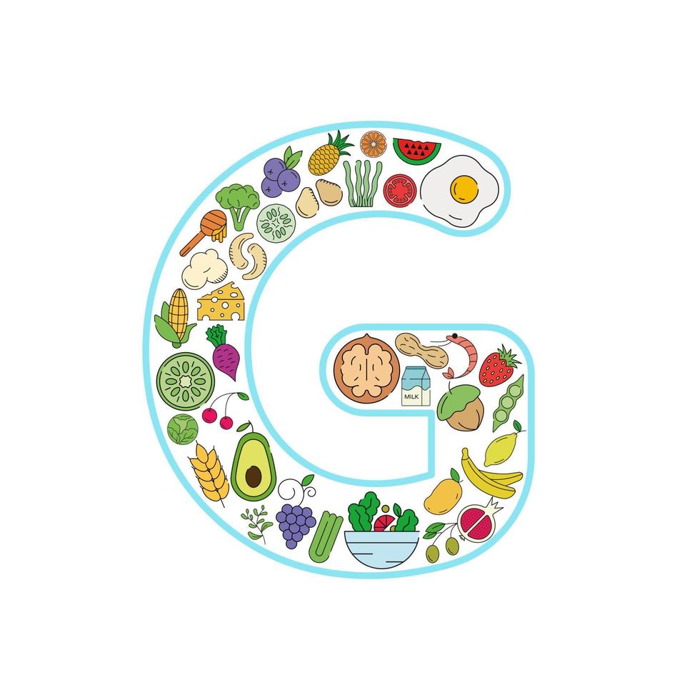 Collage-Icon-Set für Speisen und Getränke aus Buchstabe g. Vektorsatz essentieller Allergene und Symbole für Diätlinien. editierbares essen-symbol-set. vektor