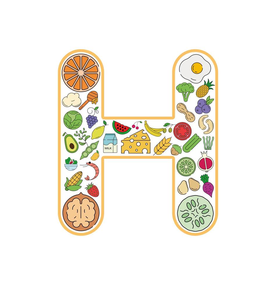 Essens- und Getränkecollage-Icon-Set aus Buchstabe h. Vektorsatz essentieller Allergene und Symbole für Diätlinien. editierbares essen-symbol-set. vektor