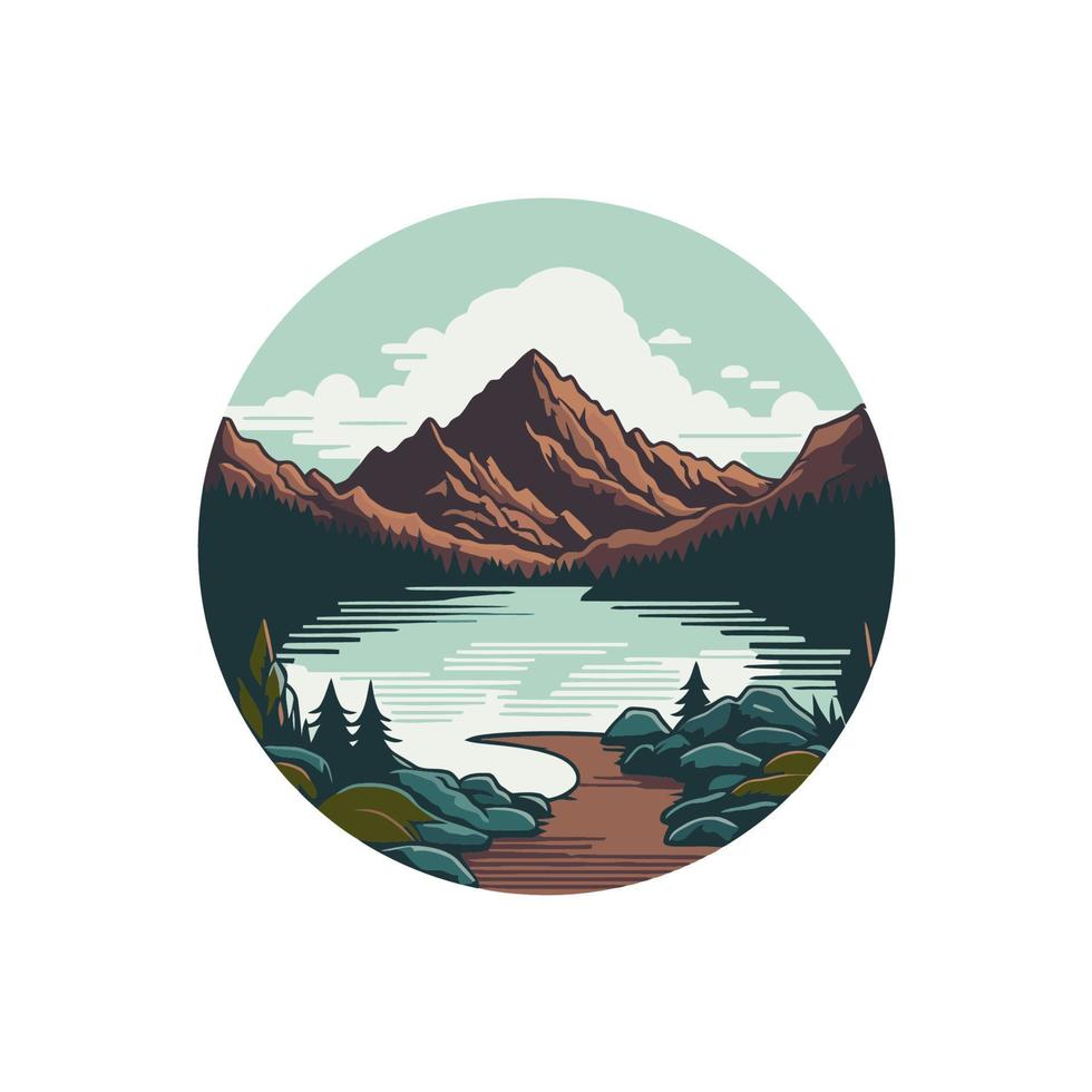berg sjö äventyr bricka logotyp årgång stil vektor