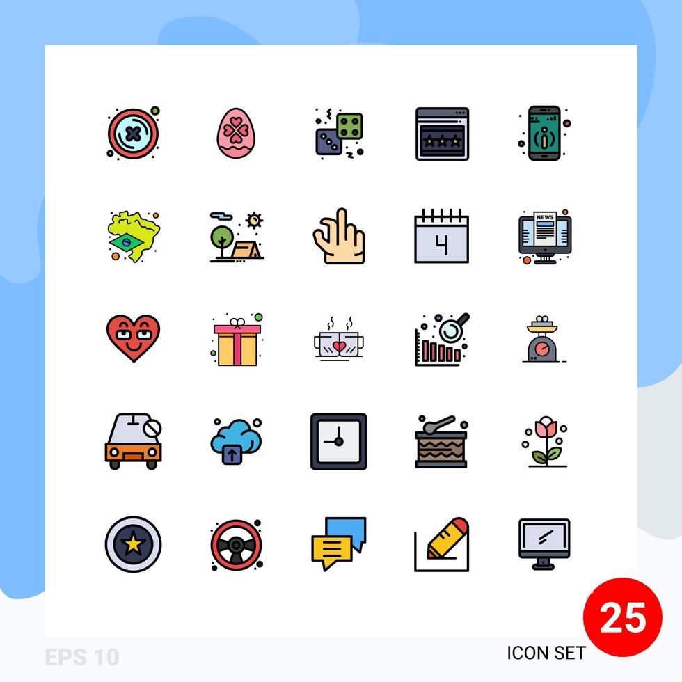 Piktogrammsatz mit 25 einfachen, gefüllten Linien, flachen Farben von Informationswebseitenwürfeln, Webspiel, bearbeitbaren Vektordesignelementen vektor