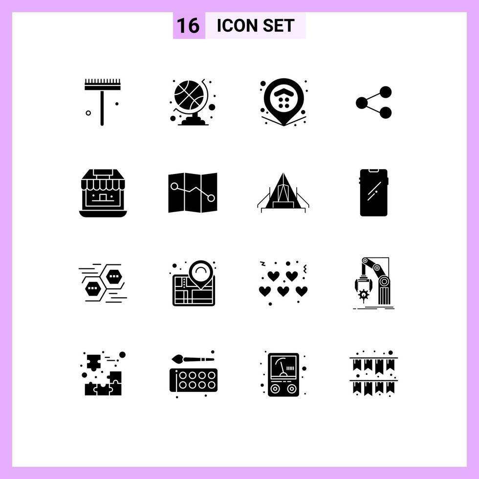 Mobile Schnittstelle solider Glyph-Satz von 16 Piktogrammen zum Einkaufen von Lebensmitteln Kartenfreigabe teilen editierbare Vektordesign-Elemente vektor