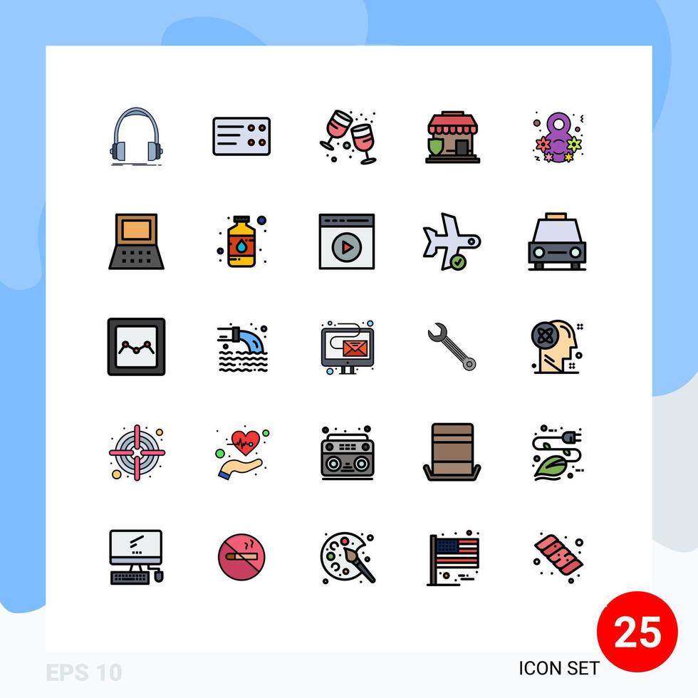 Piktogrammsatz aus 25 einfachen, gefüllten Linien mit flachen Farben von weiblichen Tagesgetränkegeschäften, die editierbare Vektordesign-Elemente schützen vektor