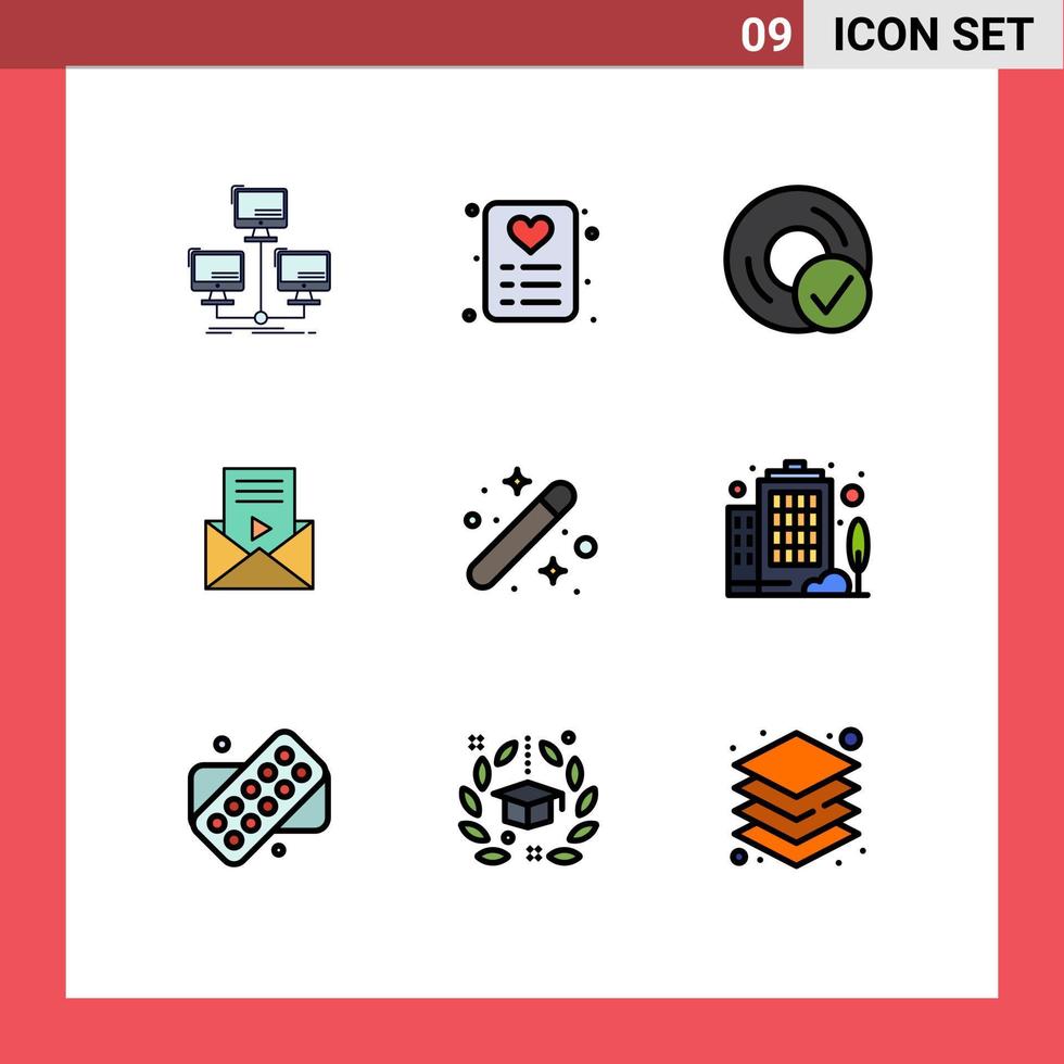 Filledline Flat Color Pack mit 9 universellen Symbolen für kreative SMS-Computer-Nachrichten-Gadgets, editierbare Vektordesign-Elemente vektor