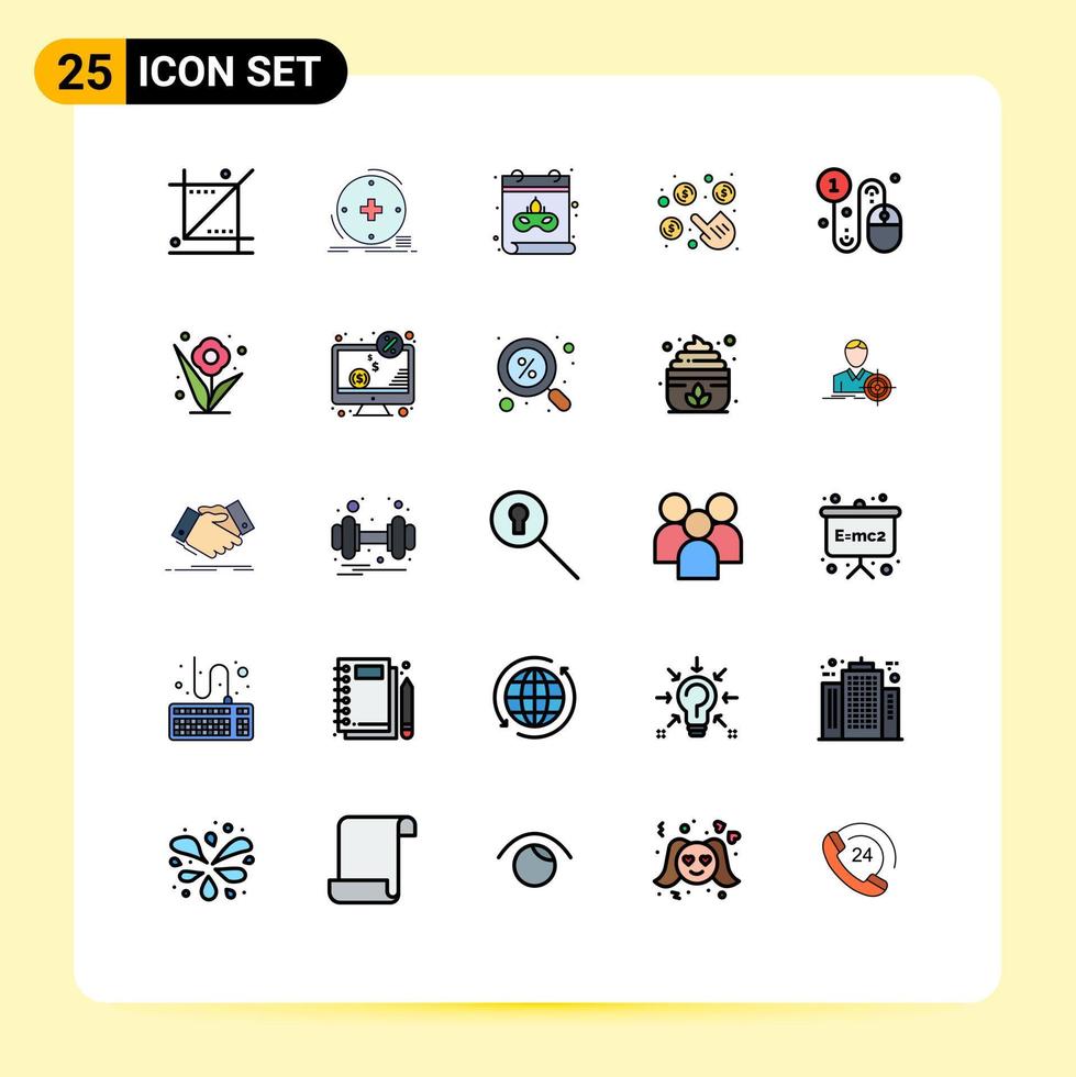 mobil gränssnitt fylld linje platt Färg uppsättning av 25 piktogram av företag per sjukvård betala datum redigerbar vektor design element