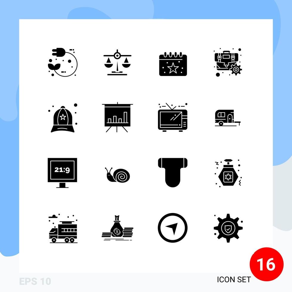 16 solides Glyphenpaket der Benutzeroberfläche mit modernen Zeichen und Symbolen von Zubehör Zahnradskala Cog Party editierbare Vektordesign-Elemente vektor