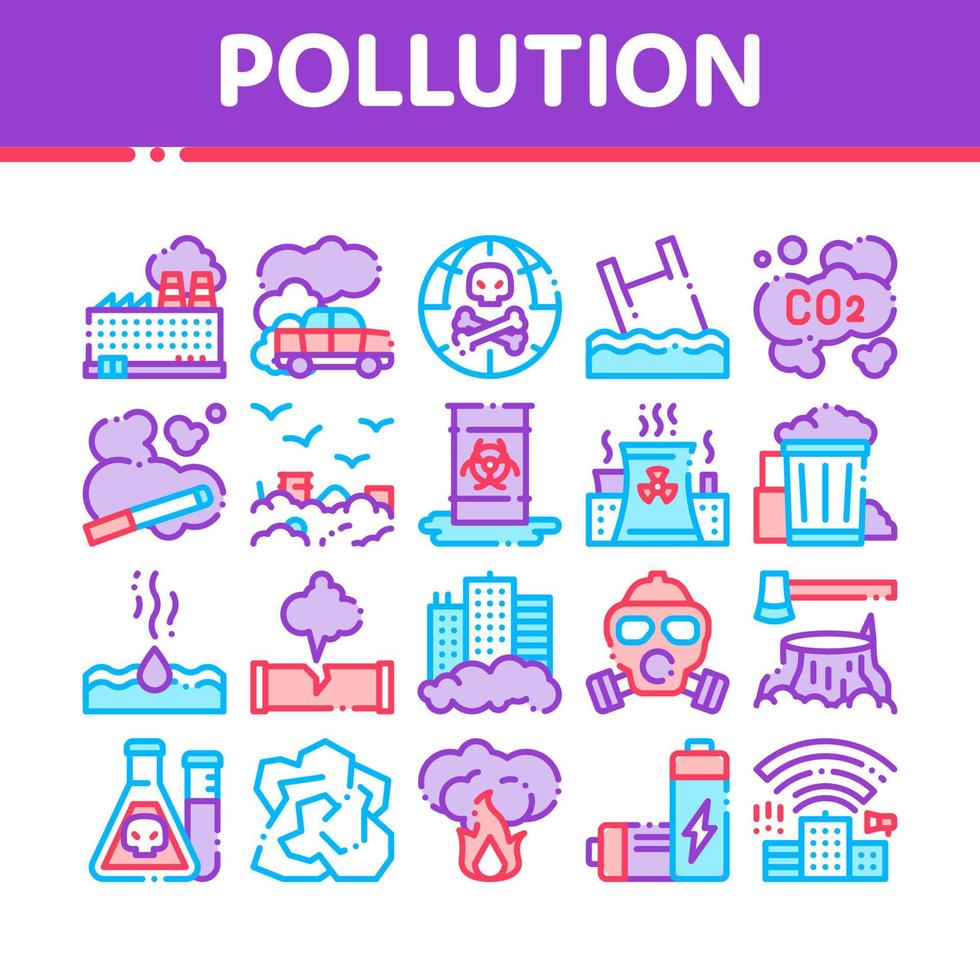 Verschmutzung der Natur Vektor dünne Linie Symbole gesetzt