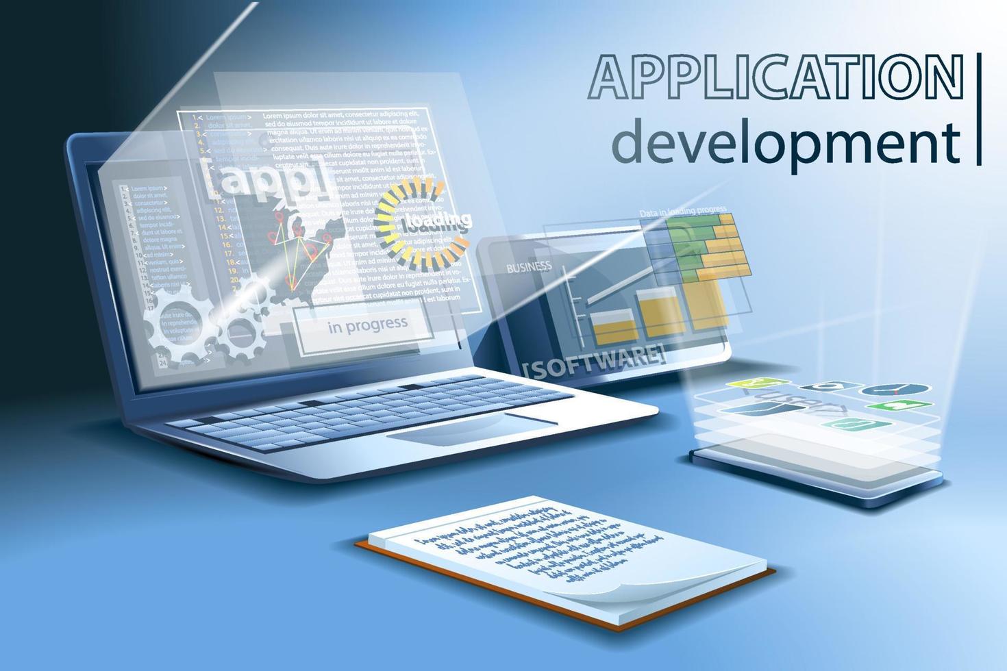 Ansökan utveckling för annorlunda plattformar och enheter, uppkopplad kodning och installation. vektor