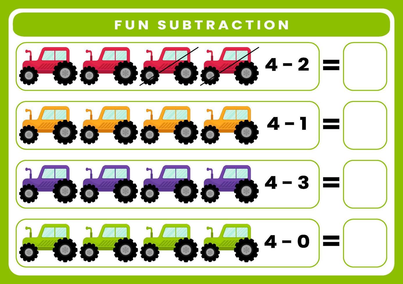 utbildning spel för barn roligt subtraktion förbi räkning söt tecknad serie transport. tryckbar kalkylblad vektor