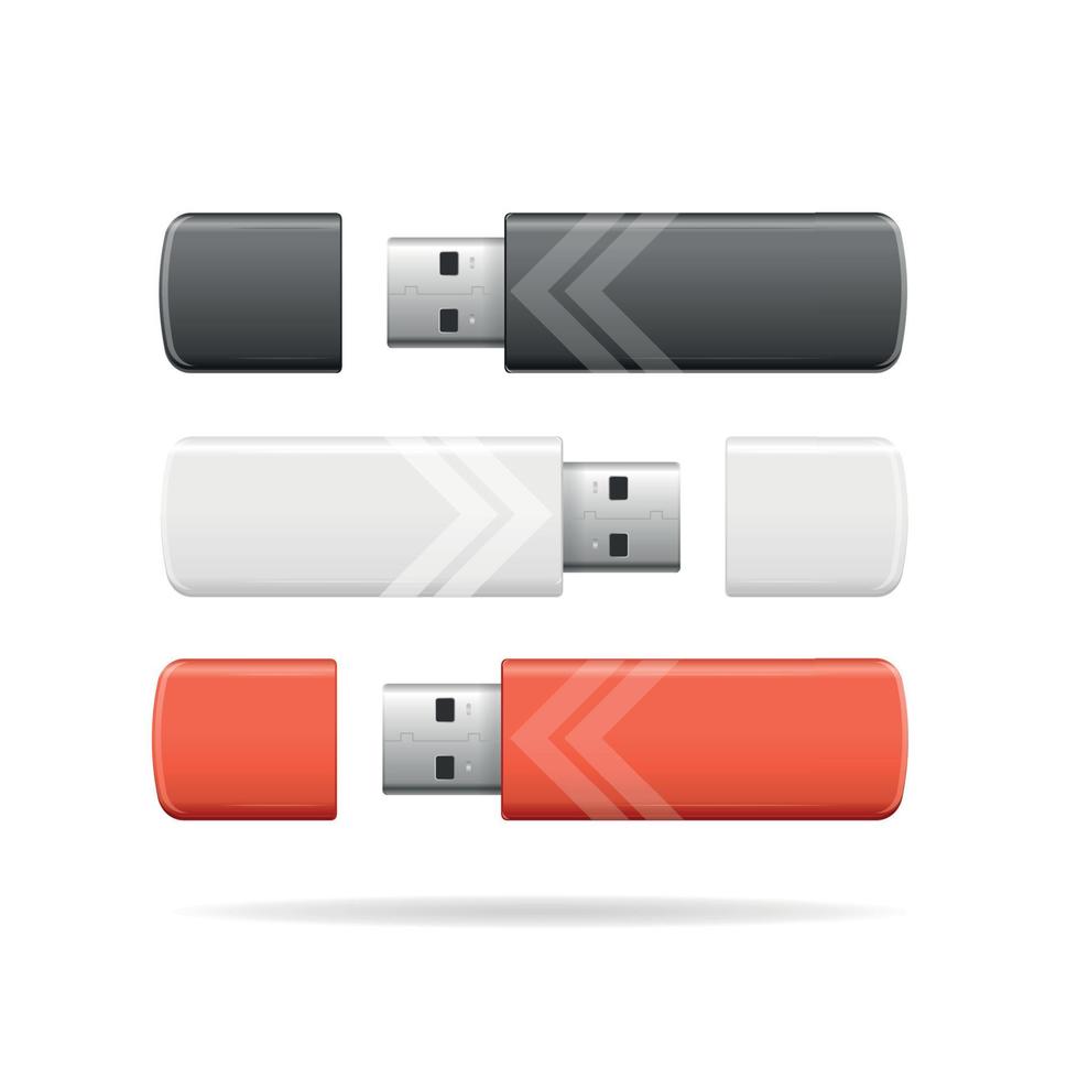 realistisches detailliertes 3D-Farb-USB-Flash-Laufwerk-Set. Vektor