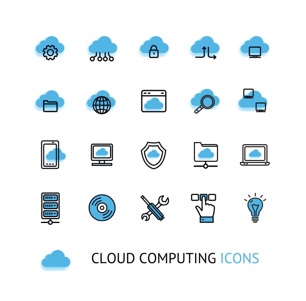 Cloud-Computing-Zeichen dünne Linie Symbolsatz. Vektor