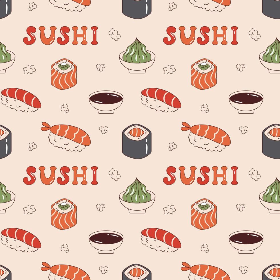 Vektornahtloses Muster mit Sushi, Sojasauce, Wasabi und Sushi-Text im Retro-Stil. Maki-Sushi, Sake-Nigiri, Philadelphia-Rolle und Ebi-Nigiri. Hintergrund mit japanischem Essen der 70er Jahre. vektor