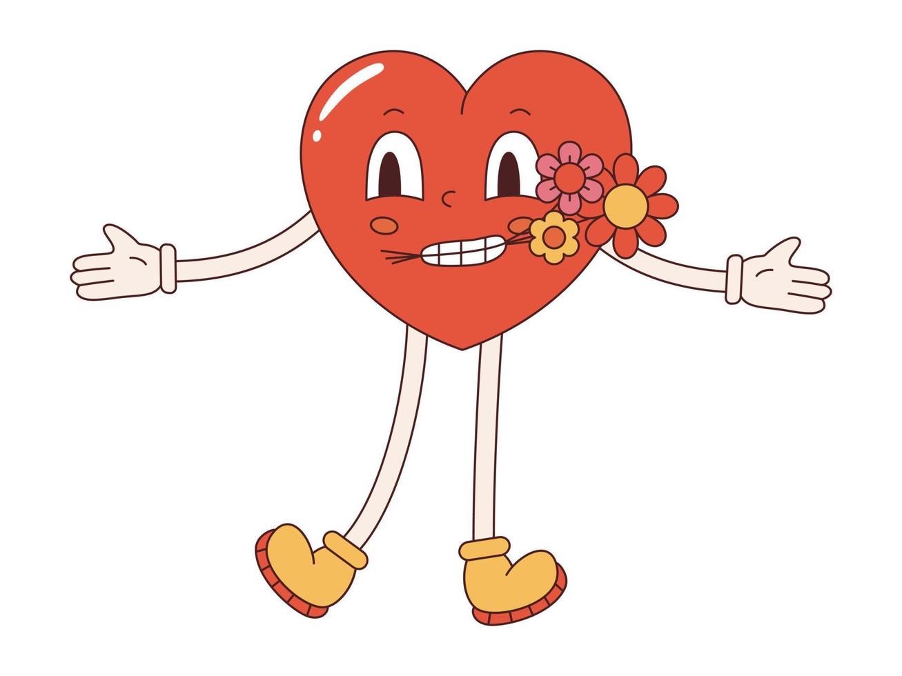 vektor Lycklig hjärta formad karaktär med bukett av blommor i mun i retro stil. Lycklig valentines dag. kärlek och romantisk. rolig y2k årgång illustration i platt design.