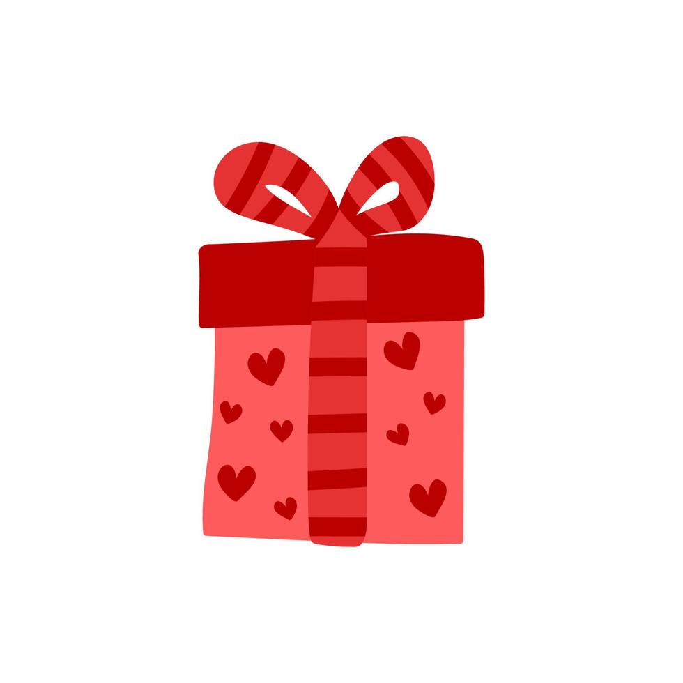 Vektor süße Geschenkbox mit Herzen. Geschenk mit Schleife und gestreiftem Band.