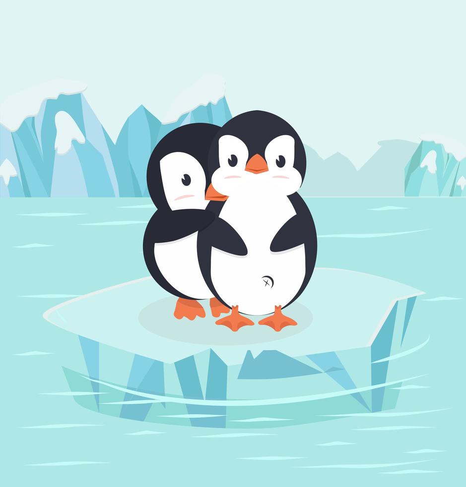 Pinguine umarmen sich auf einer arktischen Eisscholle vektor