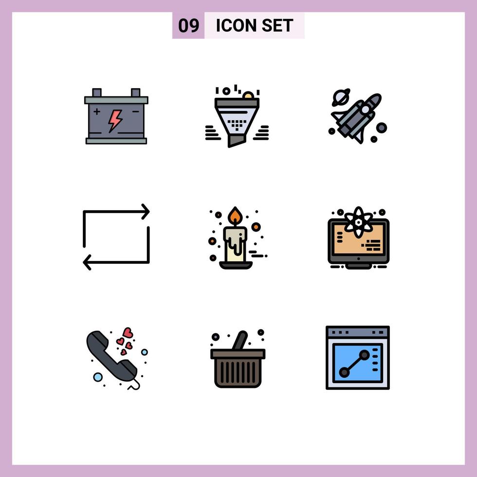 Stock Vector Icon Pack mit 9 Zeilen Zeichen und Symbolen für die Dekoration Kerze Ergebnis wiederholen Pfeil editierbare Vektordesign-Elemente
