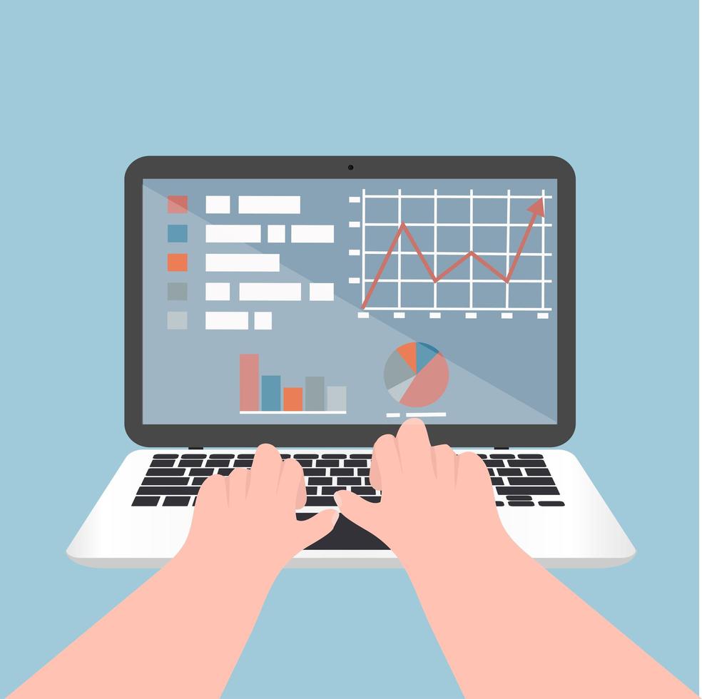 händer att skriva på en bärbar dator med grafik och data vektor
