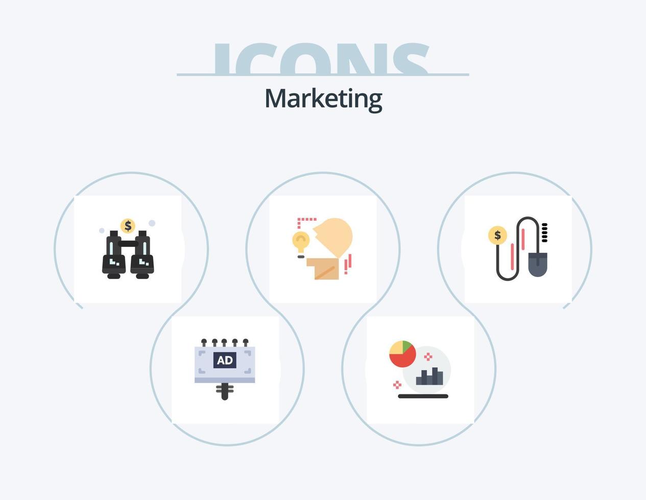 Marketing Flat Icon Pack 5 Icon Design. Dollar. Birne. Fernglas. Kopf. Marketing vektor