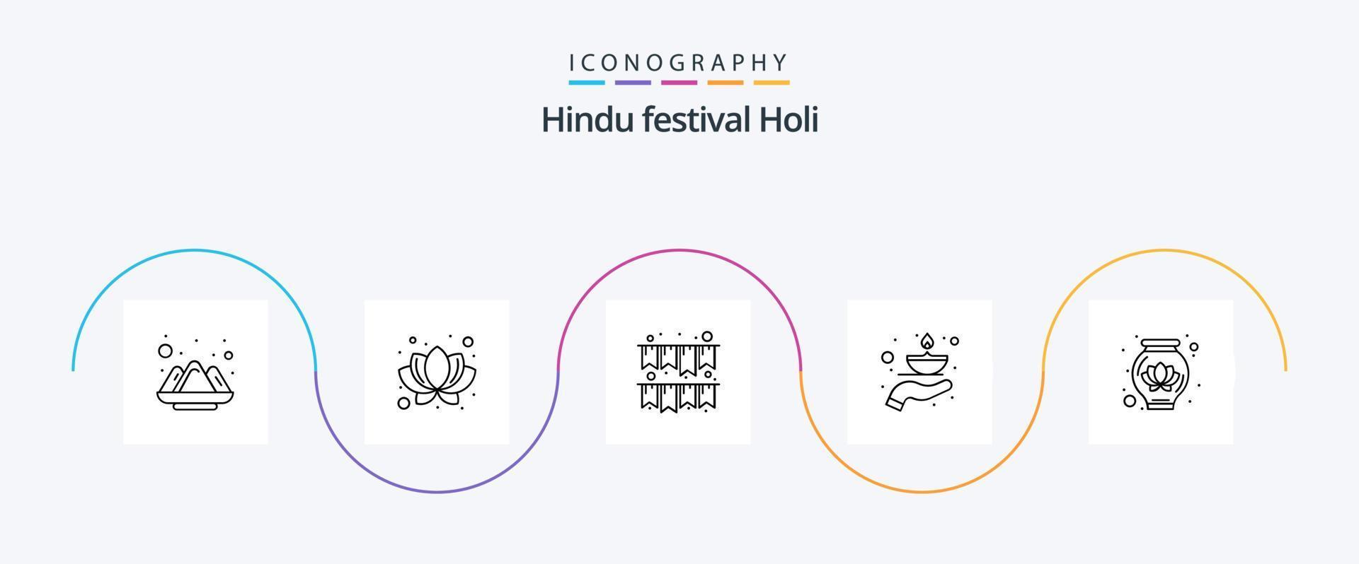 Holi Line 5 Icon Pack inklusive Dekoration. Topf. Girlande. Öl. Flamme vektor
