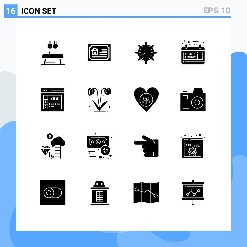 Gruppe von 16 soliden Glyphenzeichen und Symbolen für Kalenderarbeit Immobilien Uhrenuhr editierbare Vektordesign-Elemente vektor