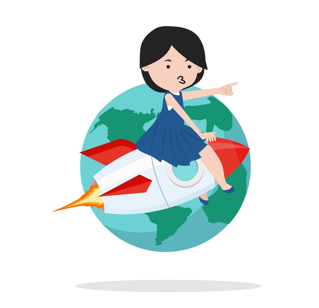 flicka som kör en raket, flyger runt om i världen vektor