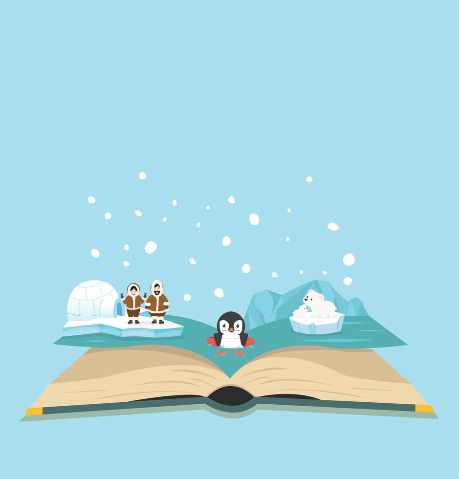 arktisk scen med pingviner och människor som kommer ur boken vektor
