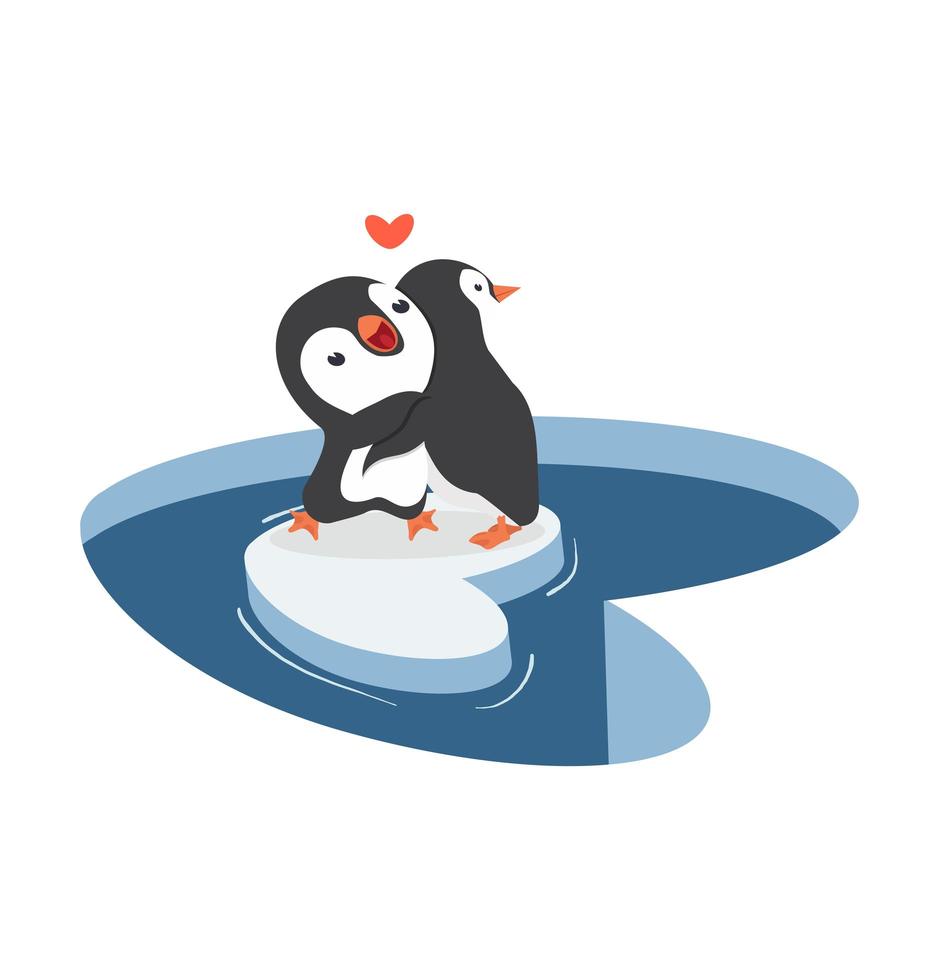 Pinguine umarmen sich auf einer herzförmigen Eisscholle vektor