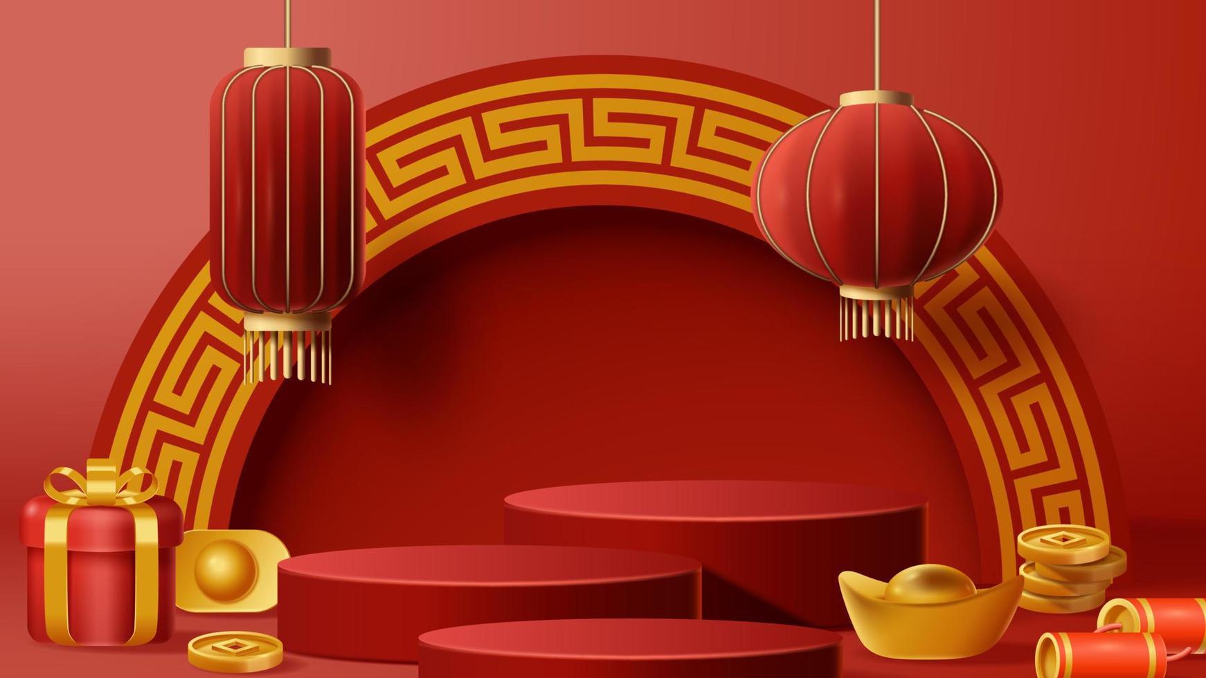 chinesische neujahrsanzeige podium dekoration hintergrund mit chinesischer verzierung. Vektor-3D-Darstellung vektor