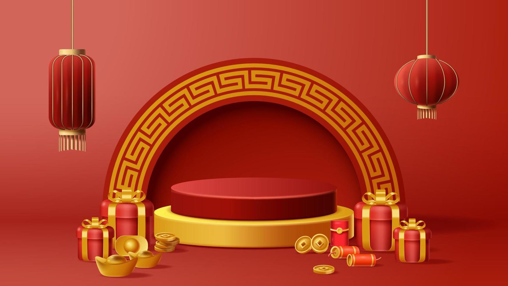 chinesische neujahrsanzeige podium dekoration hintergrund mit chinesischer verzierung. Vektor-3D-Darstellung vektor