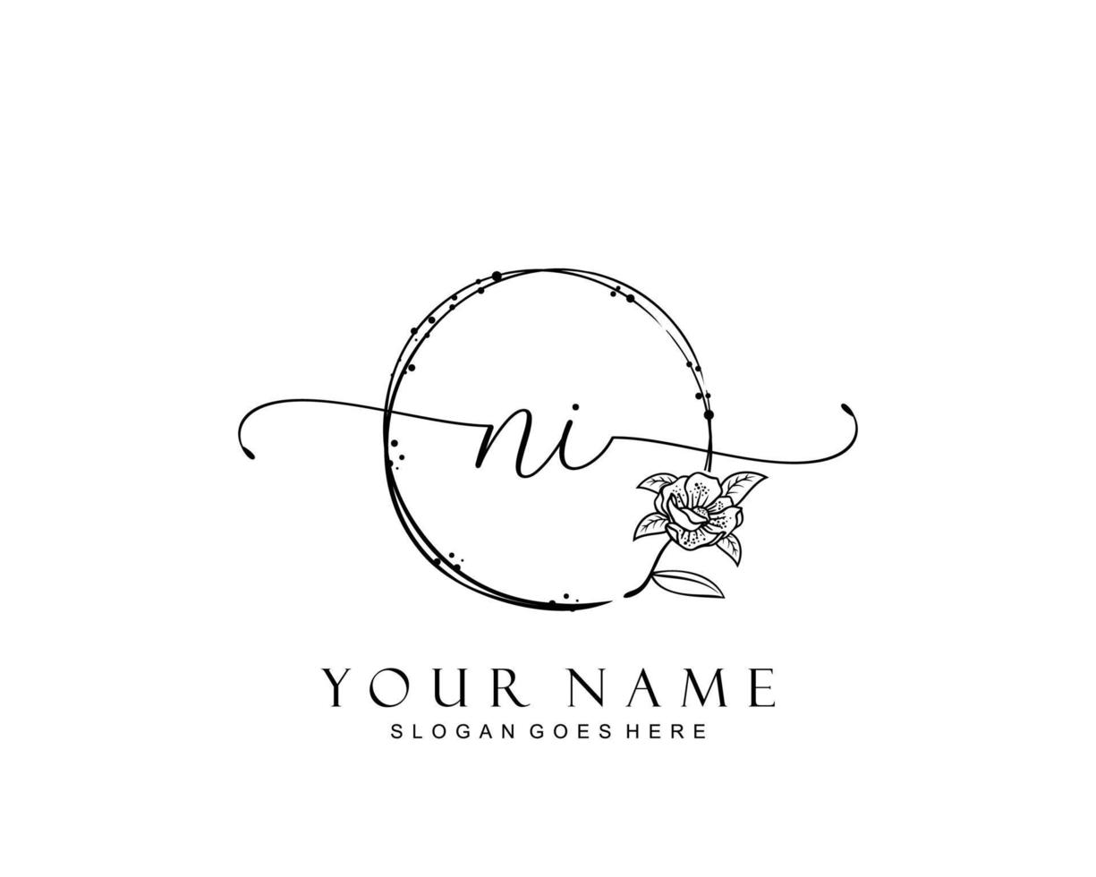 anfängliches ni-schönheitsmonogramm und elegantes logo-design, handschriftliches logo der ersten unterschrift, hochzeit, mode, blumen und botanik mit kreativer vorlage. vektor