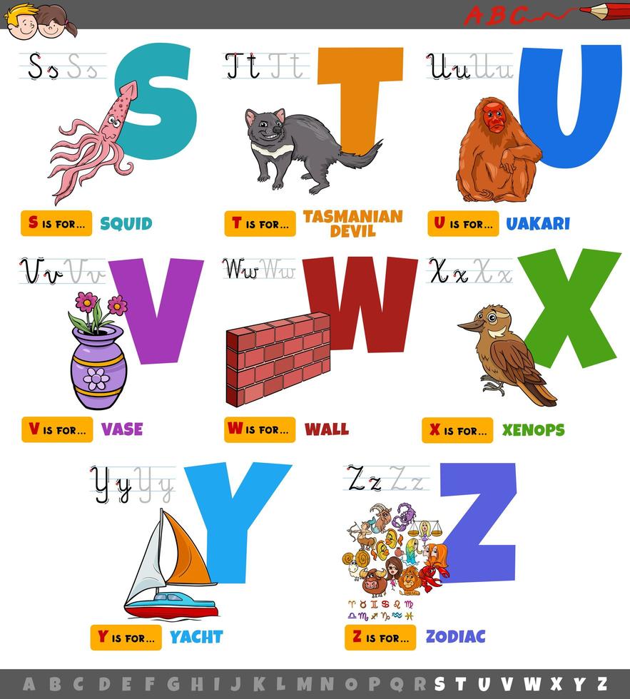 pedagogiska tecknade bokstäver från s till z vektor