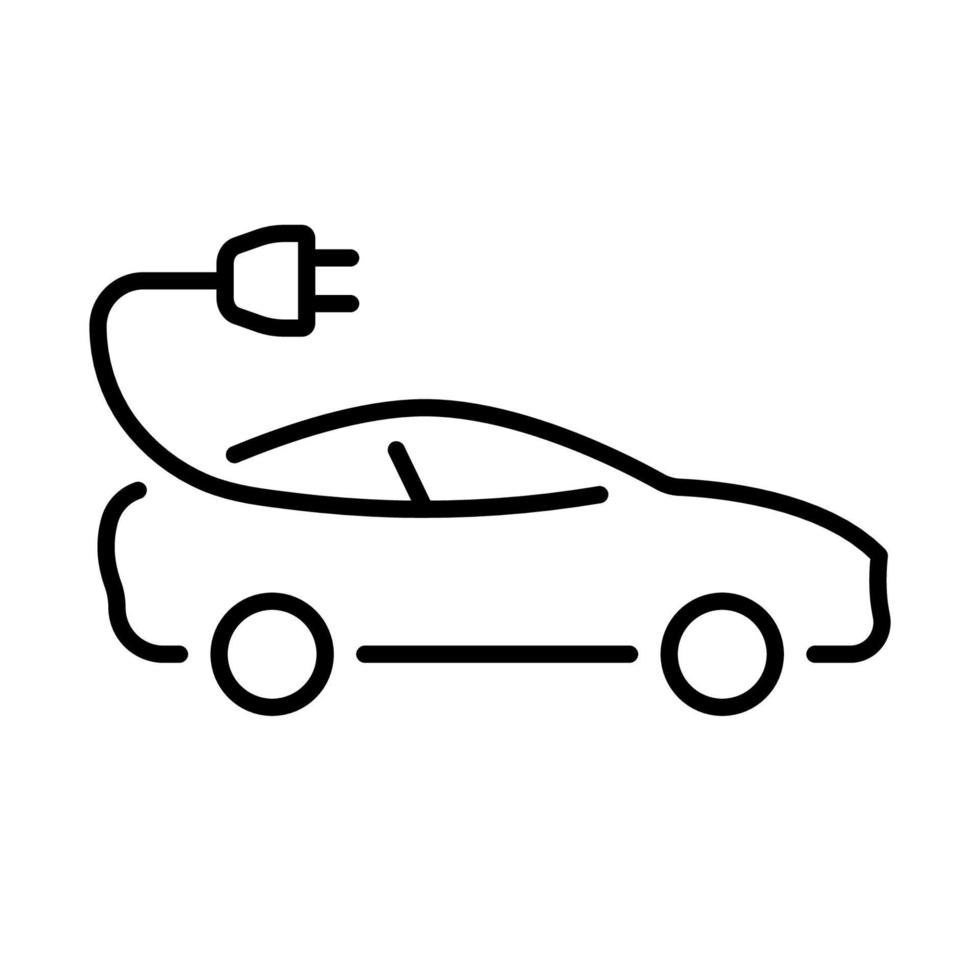 ekologi elektrisk bil fordon transport linje ikon. bil med plugg eco transport piktogram. hybrid bil bil på elektricitet energi översikt ikon. redigerbar stroke. isolerat vektor illustration.
