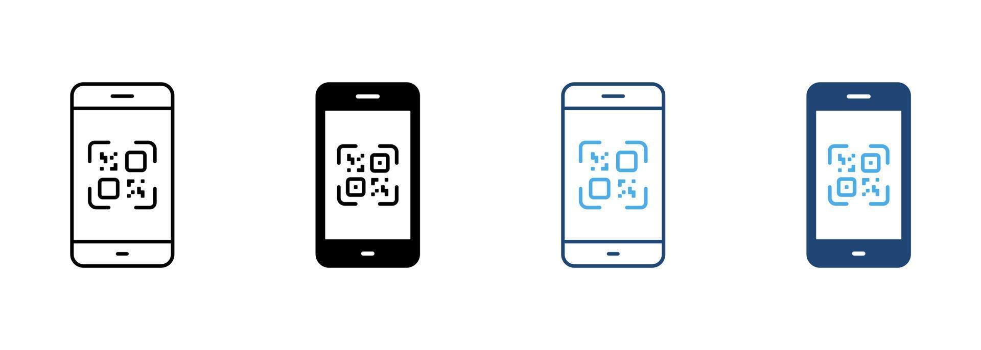 QR-Code auf Smartphone-Linie und Silhouette-Icon-Set scannen. Zahlungsscanner im Handy-Piktogramm. quadratische Barcode-App für die Sammlung von Zahlungssymbolen auf weißem Hintergrund. isolierte Vektorillustration. vektor