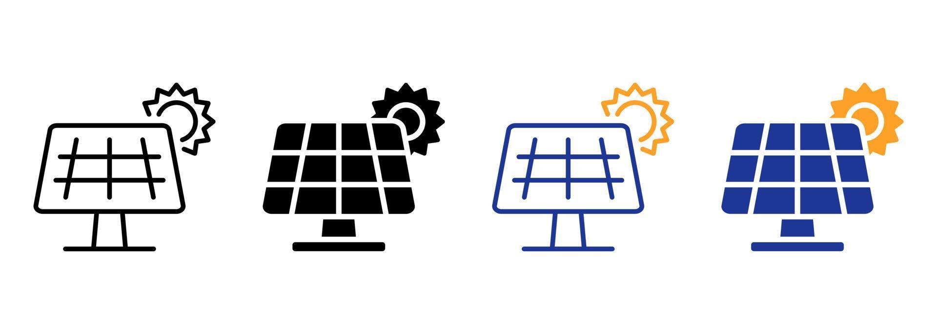Solarpanel-Linie und Silhouette-Icon-Set. Sonnenenergie-Piktogramm. Symbolsammlung für erneuerbare Energien auf weißem Hintergrund. Ökologie elektrisches Sonnenlichtsystem für Haus. isolierte Vektorillustration. vektor