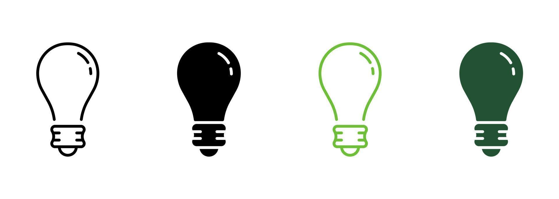 Glühbirne Niedrigenergie-Stromleitung und Silhouette-Icon-Set. Piktogramm für elektrische Energie der Glühbirne. Innovation, Inspiration, Denken, Lösung, Idee Lampenkonzept-Symbol. isolierte Vektorillustration. vektor