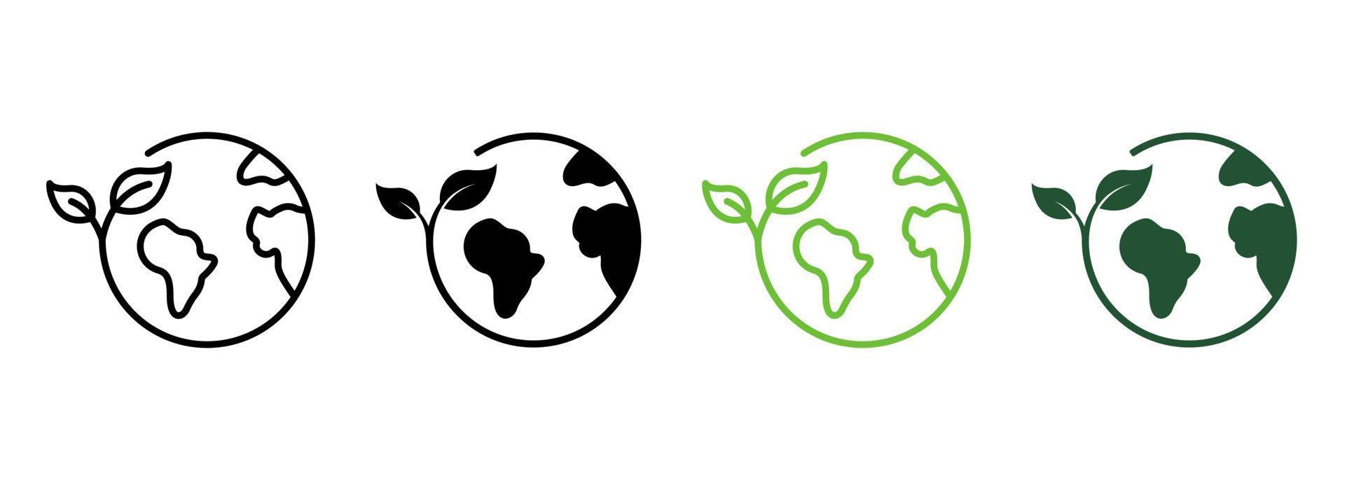 Erde Natur Pflegelinie und Silhouette Icon Set. Ökologieplanet und Blattpiktogramm. eco globus grüne welt mit pflanzensymbolsammlung auf weißem hintergrund. isolierte Vektorillustration. vektor