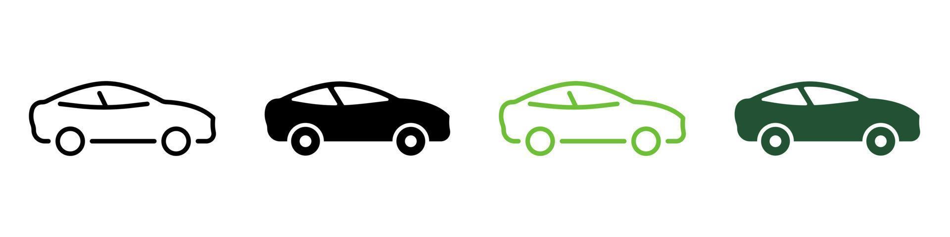 fahrzeug autotransportlinie und silhouette symbolsatz. Auto in Seitenansicht Piktogramm. Sammlung von Symbolen für den Transport von Automobillimousinen auf weißem Hintergrund. automatische Signatur. isolierte Vektorillustration. vektor