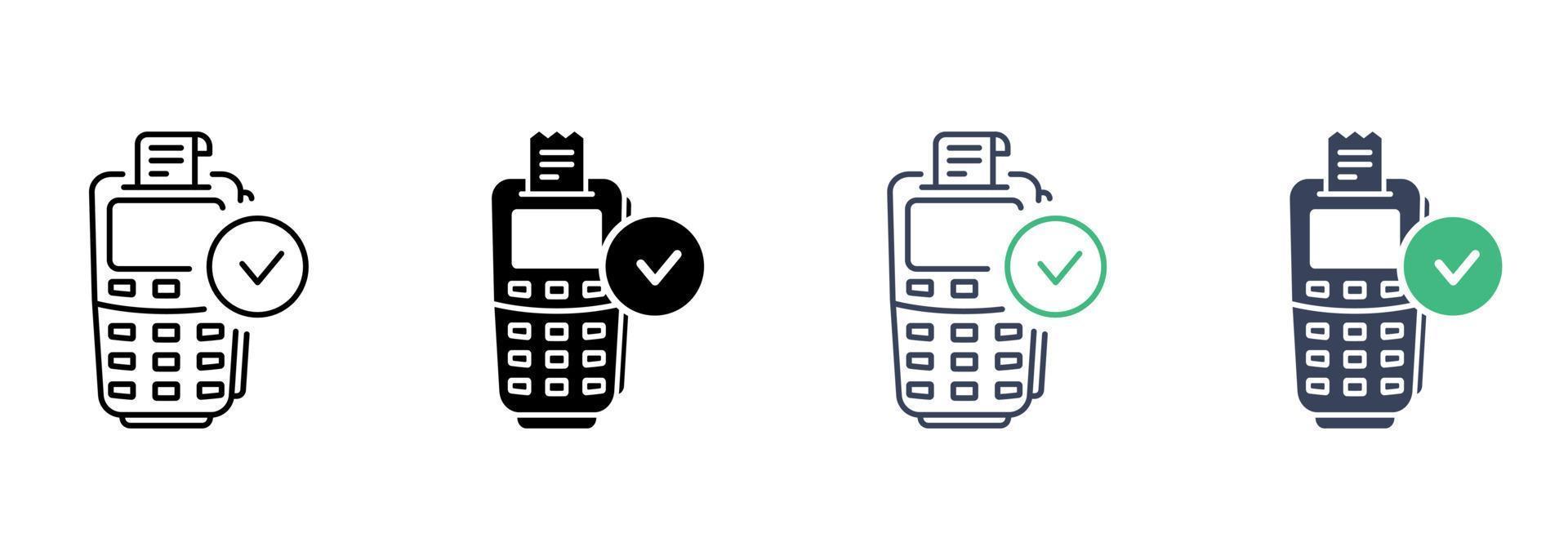 erfolgszahlung auf zahlungsterminallinie und silhouettensymbolsatz. genehmigen sie die transaktion auf dem pos-piktogramm. bargeldlose kaufzahlung mit häkchensymbolsammlung. isolierte Vektorillustration. vektor